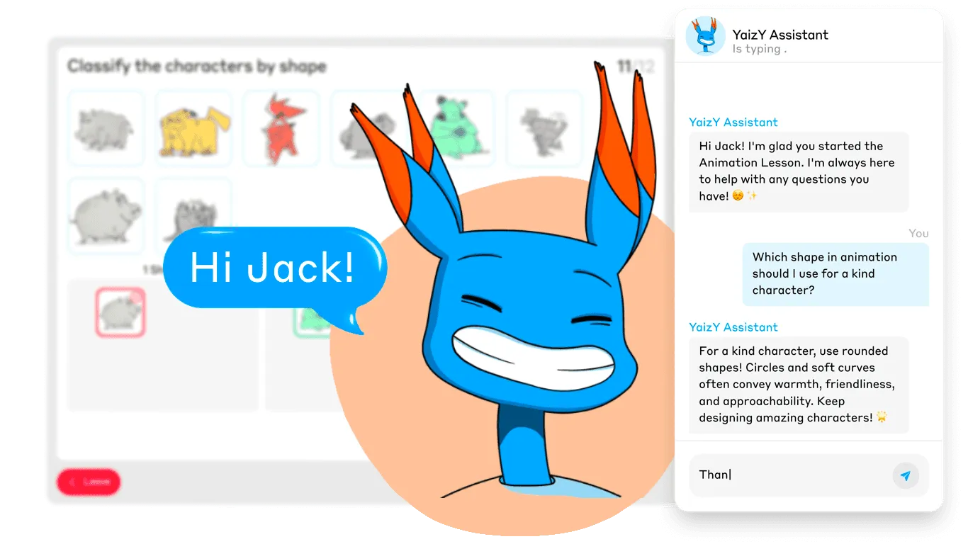 The YaizY AI Teaching Assistant chatting with a student in a lesson