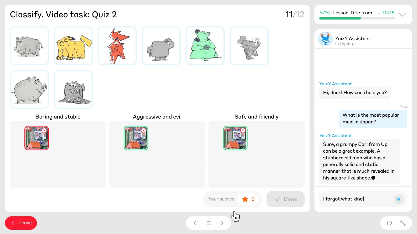 A YaizY lesson quiz beside the AI assistant's chat