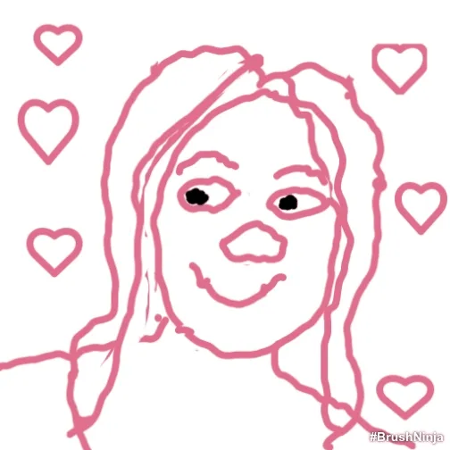 Her first animation: a pink line drawing of a girl's face among hearts
