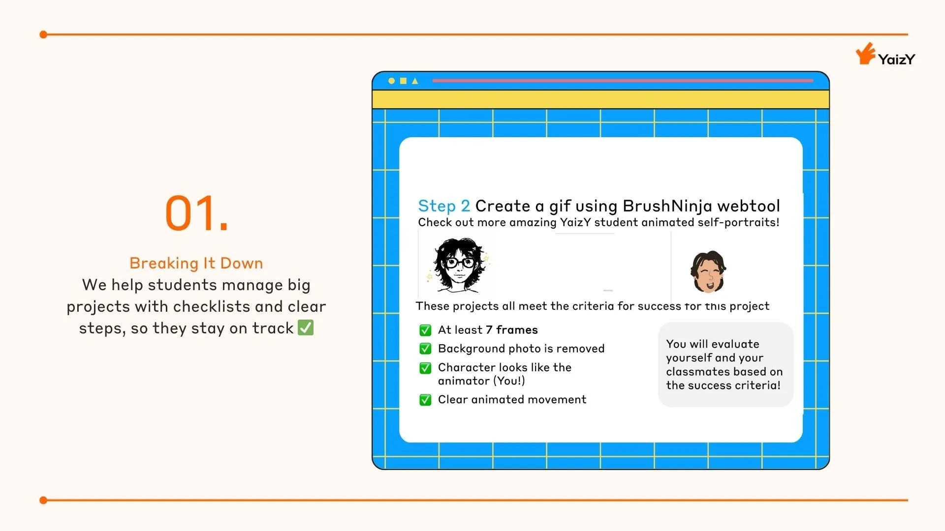 YaizY lesson: helping students break big projects into clear steps and stay on track with a BrushNinja GIF activity
