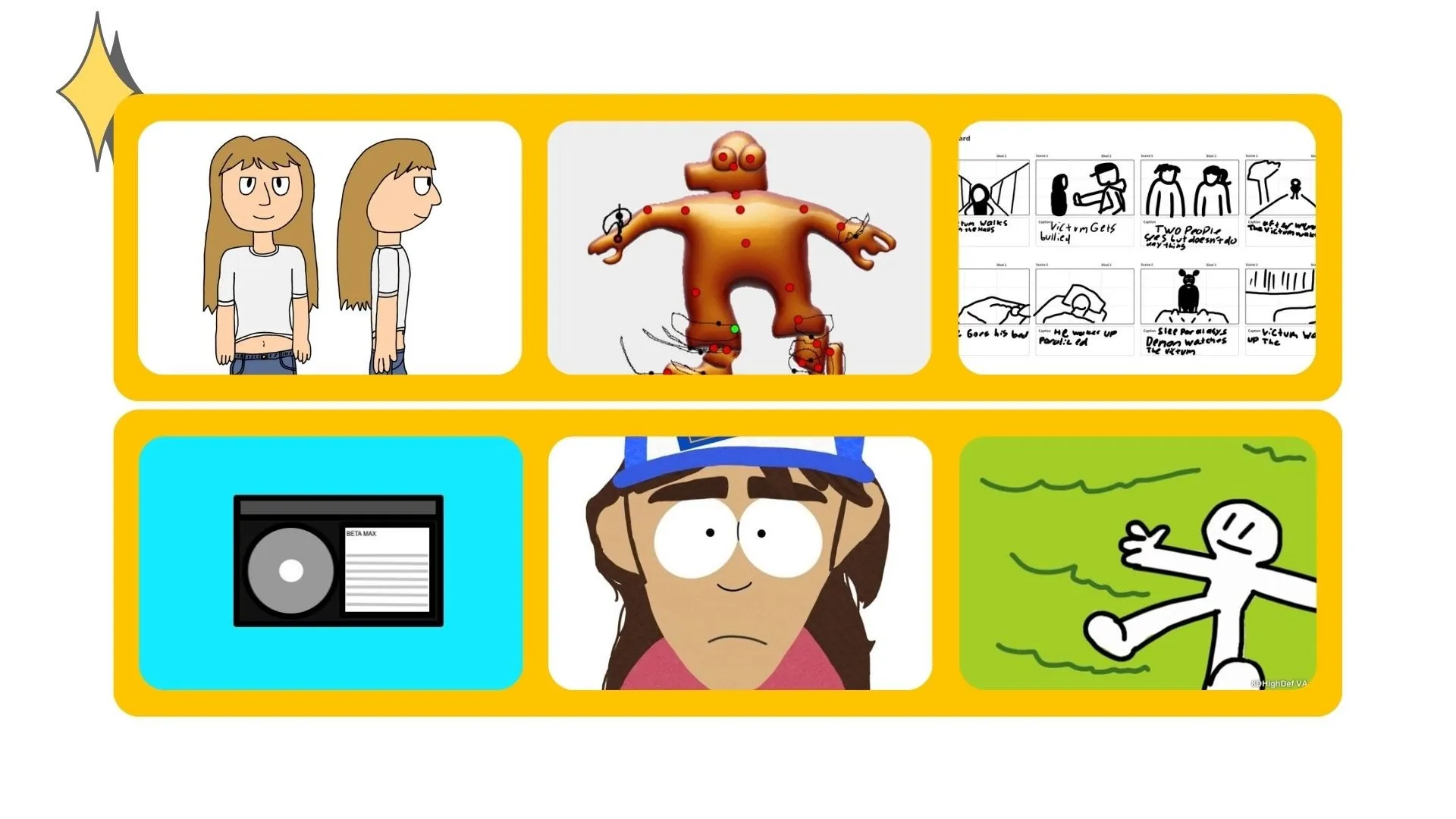 Six of Elias's animation sketches: a character turnaround, a rigged 3D figure, a storyboard, a video cassette, a cartoon character in a cap and a stick figure on grass