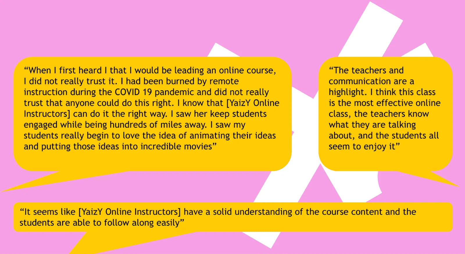 Three Learning Coach quotes. "When I first heard I that I would be leading an online course, I did not really trust it. I had been burned by remote instruction during the COVID 19 pandemic and did not really trust that anyone could do this right. I know that [YaizY Online Instructors] can do it the right way. I saw her keep students engaged while being hundreds of miles away. I saw my students really begin to love the idea of animating their ideas and putting those ideas into incredible movies." "The teachers and communication are a highlight. I think this class is the most effective online class, the teachers know what they are talking about, and the students all seem to enjoy it." "It seems like [YaizY Online Instructors] have a solid understanding of the course content and the students are able to follow along easily."