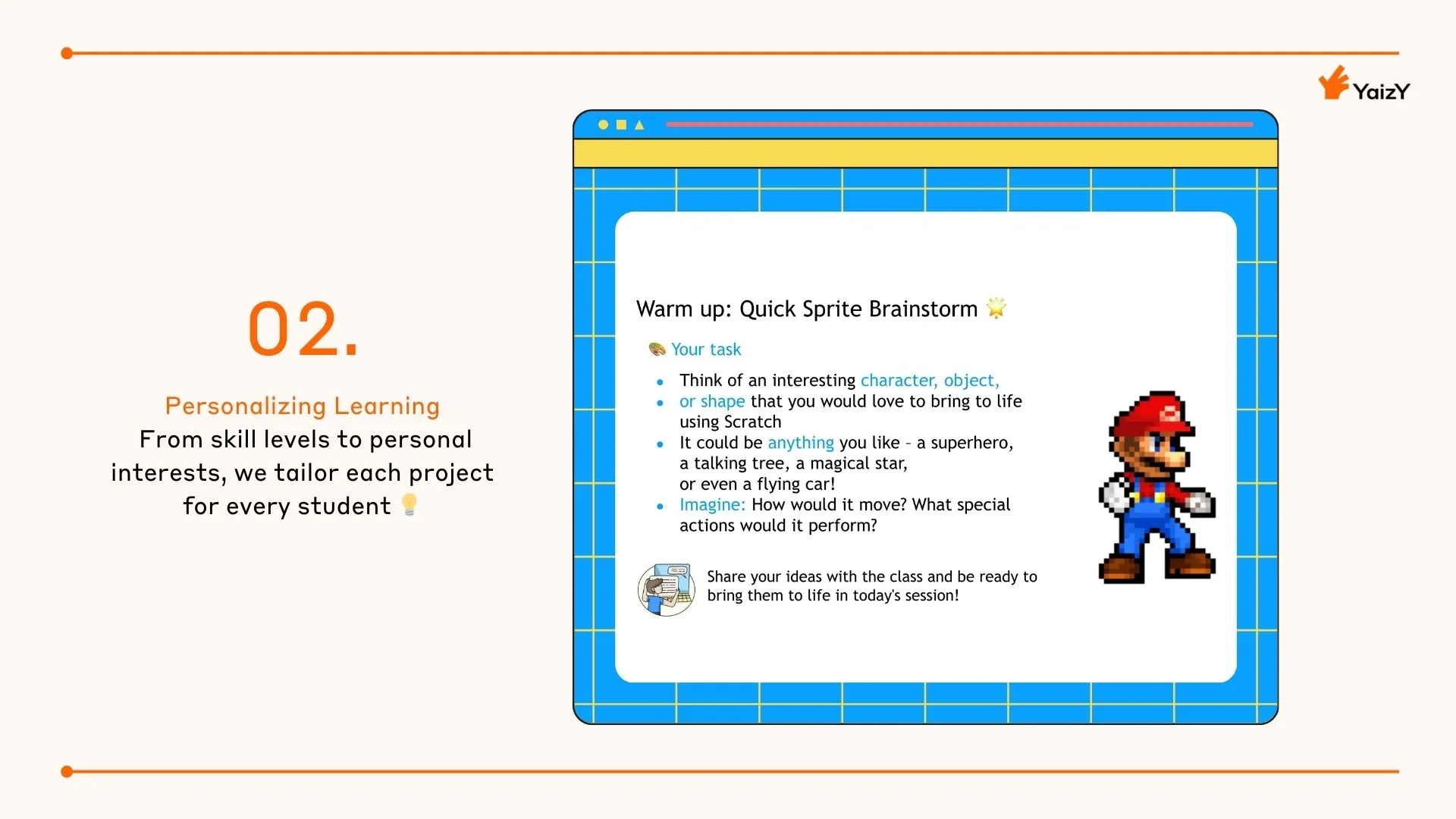 YaizY lesson: personalizing learning by tailoring projects to each student’s skills and interests, with a Scratch sprite brainstorm activity