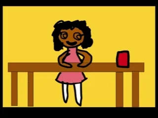 Her final project: a colored animated scene of a girl in a pink dress at a table