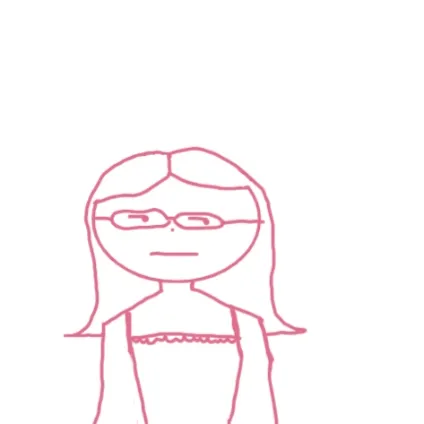 Her first animation: a pink outline drawing of a girl with glasses