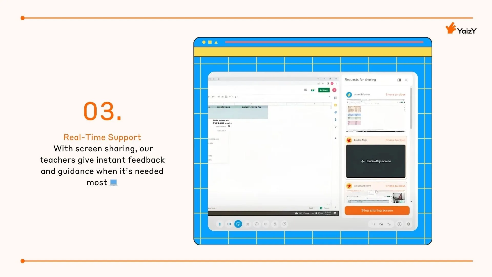 YaizY lesson: real-time support with screen sharing so teachers can give instant feedback and guidance when students need it most