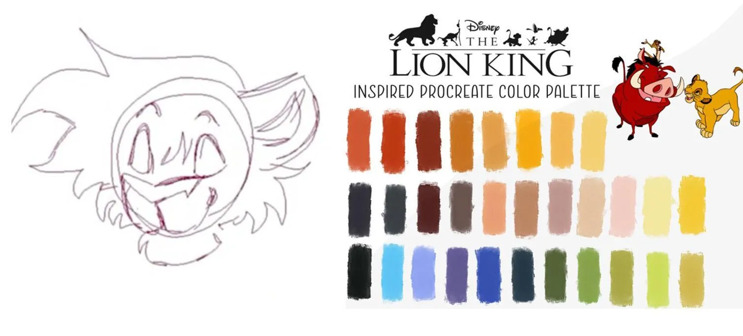 A student's sketch of a lion cub beside a Lion King inspired Procreate color palette