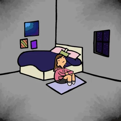 Her animation near the end of the course: a shaded, detailed scene of a girl sitting on her bedroom floor at night