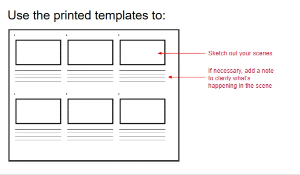 Storyboard lesson slide: use the printed templates to sketch out your scenes and, if necessary, add a note to clarify what's happening in each scene