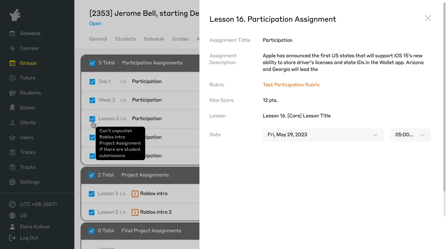 The YaizY LMS: a lesson's participation assignment